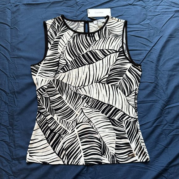 Calvin Klein Black/White Leaf Print Sleeveless Top sz S - Picture 1 of 6